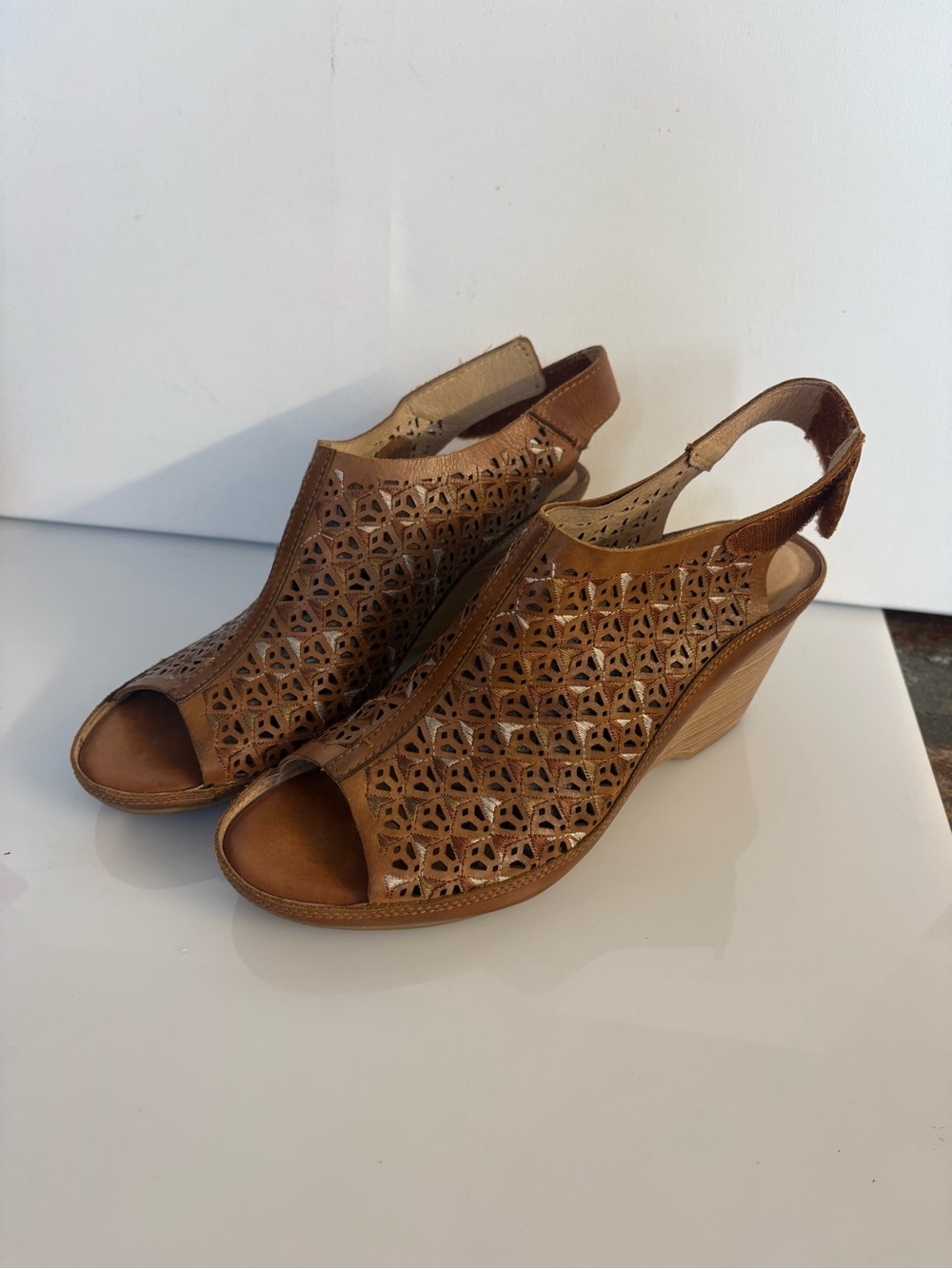 PIKOLINOS Tan Laser-Cut Peep-Toe Slingback Wedge Sandals
